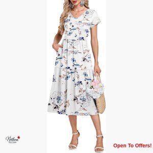 Polyester Spandex V-Neck Midi Dress with Pockets Casual Summer Sundress